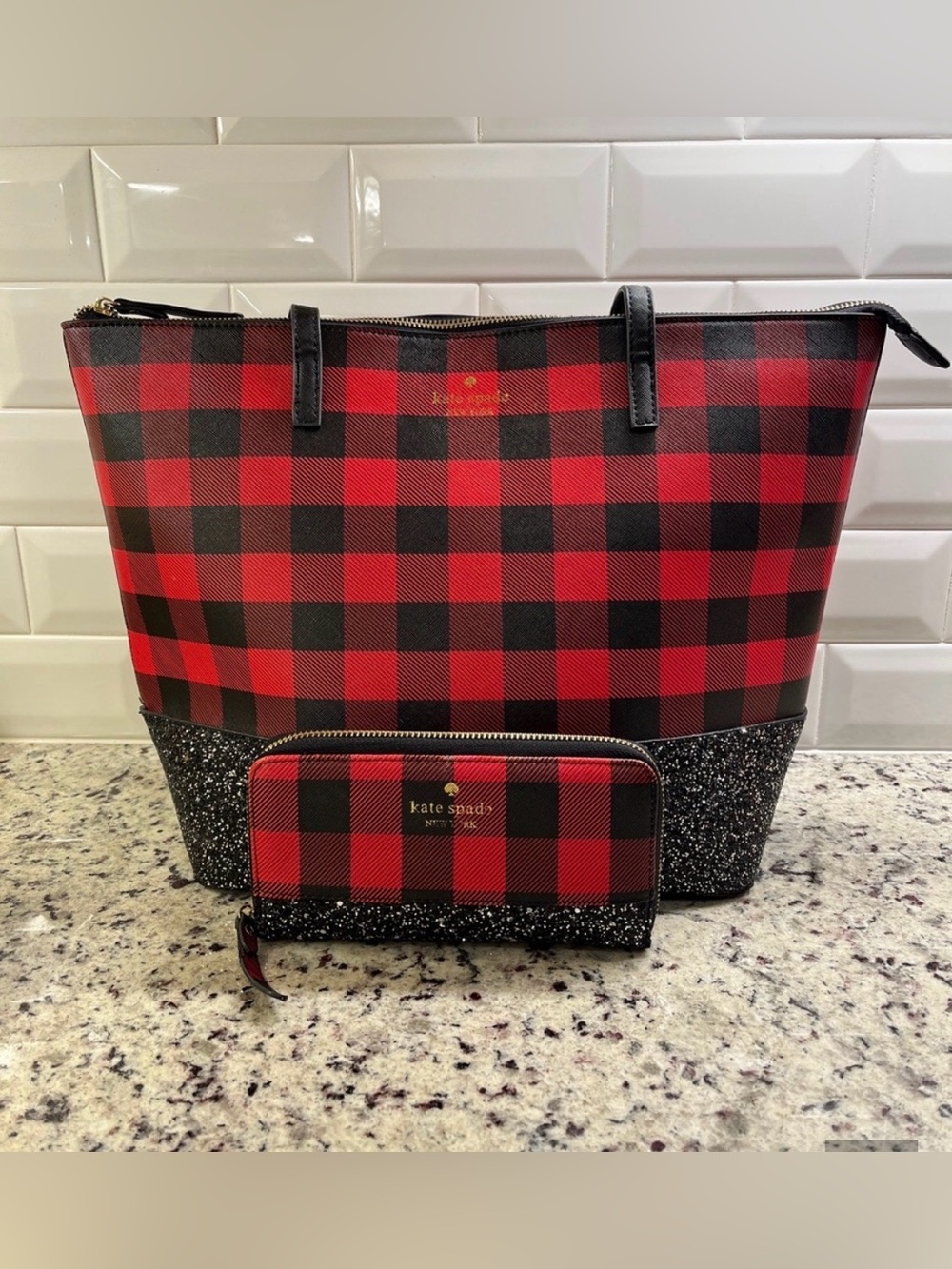 Kate Spade New York Buffalo Plaid zip top bag & red and black check wallet set
